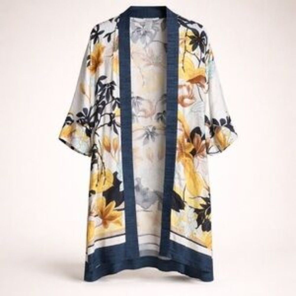 Chico's Floral Open Front Kimono Womens White Blue Yellow Size S/M